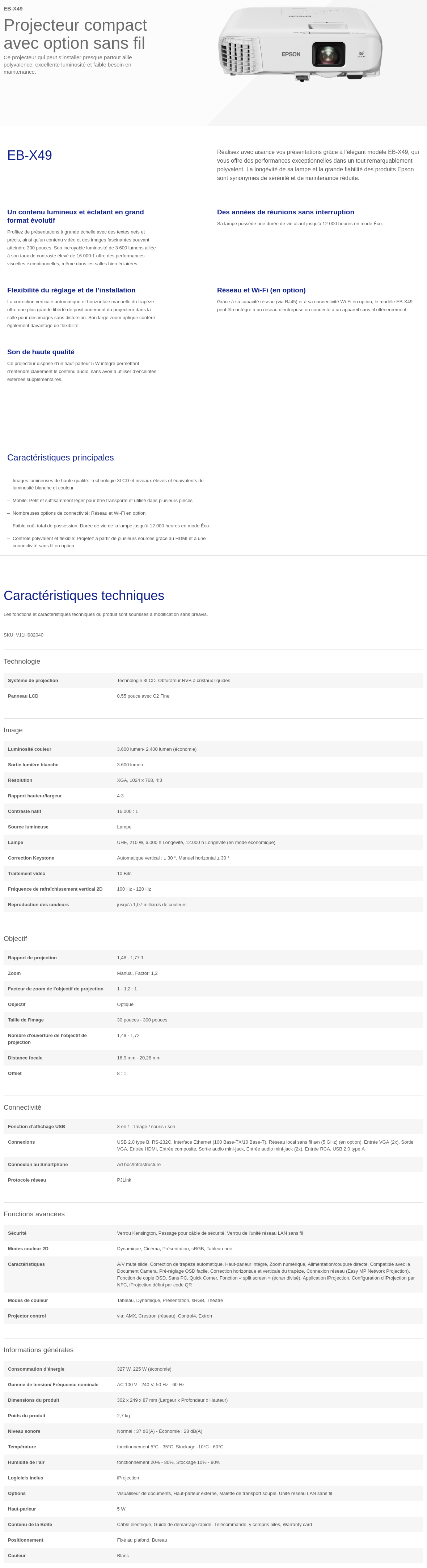 Vente Epson EBX49 Vidéo projecteur XGA V11H982040 meilleur prix Maroc